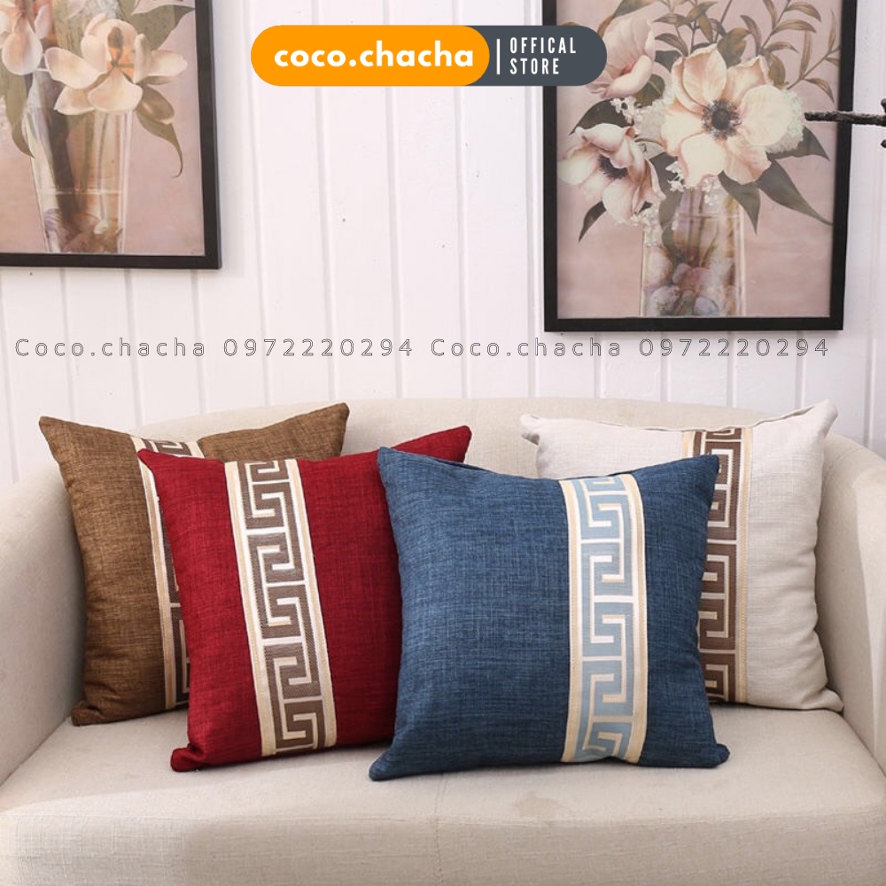 Dòng thêu - Vỏ gối tựa lưng,vỏ gối sofa vuông vải gai trang trí, bền màu tới 5 năm họa tiết bàn trà
