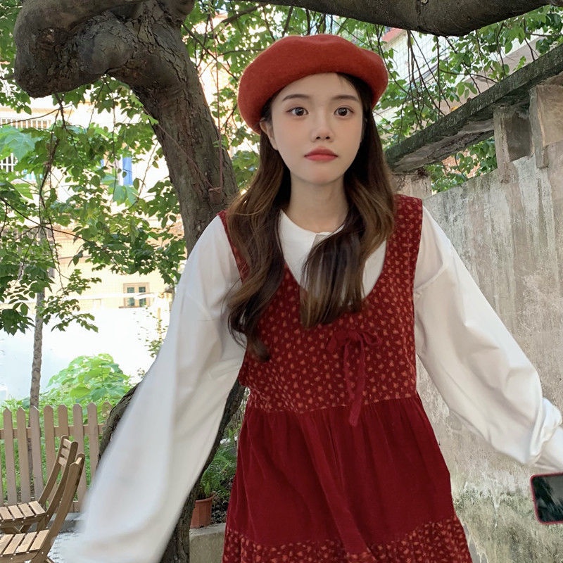 Áo đầm hai mảnh thời trang phong cách Hàn Quốc cổ điển miền tây màu đỏ Giáng sinh dành cho nữ