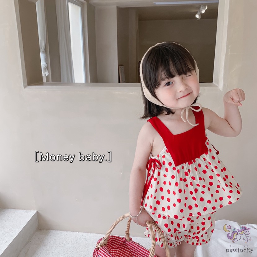 Bộ Áo Hai Dây Chấm Bi + Quần Short Thời Trang Mùa Hè Hàn Quốc Dành Cho Bé Gái