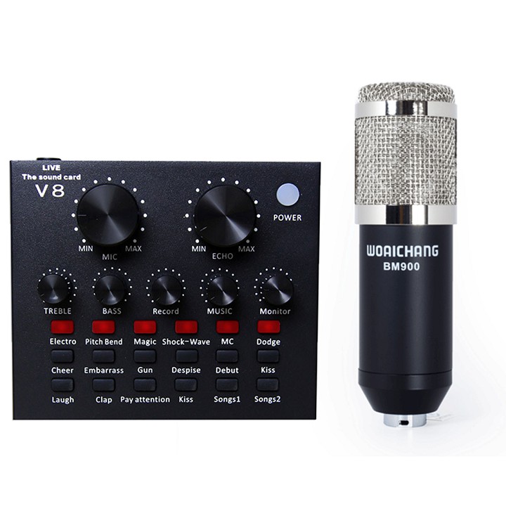 BỘ SOUND CARD V8, COMBO SOUND CARD V8 VÀ MIC BM900 HÁT KARAOKE LIVESTREAM TẶNG TAI NGHE AKG-S10 BẢO HÀNH 6 THÁNG