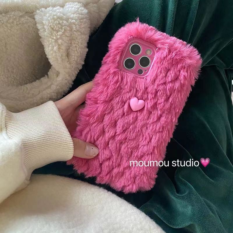 Ốp Điện Thoại Mềm Phối Lông Hình Trái Tim 3D Thời Trang Thu Đông Cho iPhone 14 11 12 13 Pro max 6 7 8 Plus XR XS Max