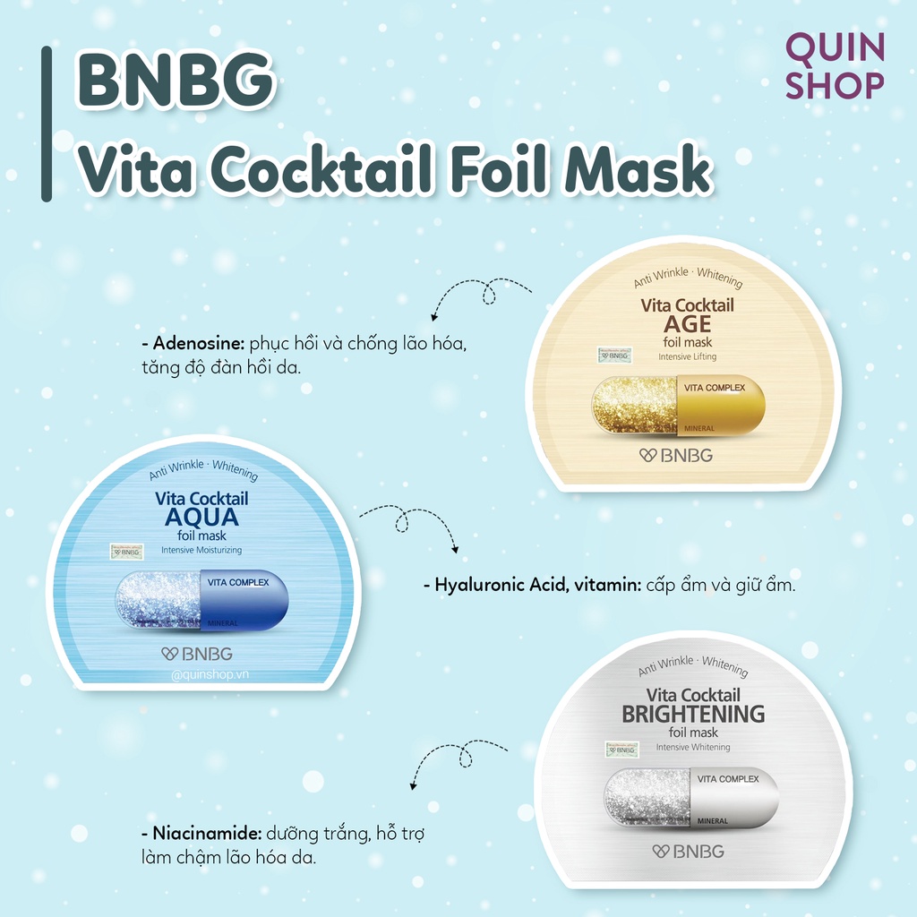 Mặt Nạ Giấy Cấp Ẩm, Dưỡng Trắng, Chống Lão Hóa BNBG Vita Cocktail Aqua, Brightening, Age Foil Mask