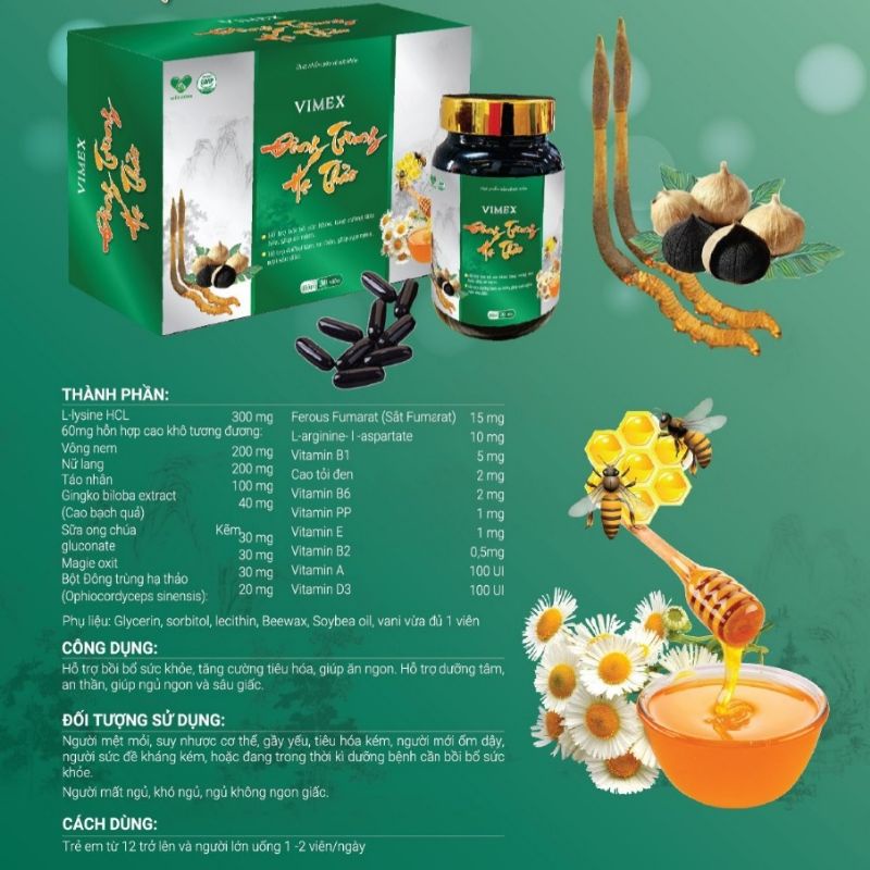 VIMEX ĐÔNG TRÙNG HẠ THẢO - hỗ trợ ăn ngon ngủ tốt, tăng cường thể lực, hộp 1lọ 30 viên
