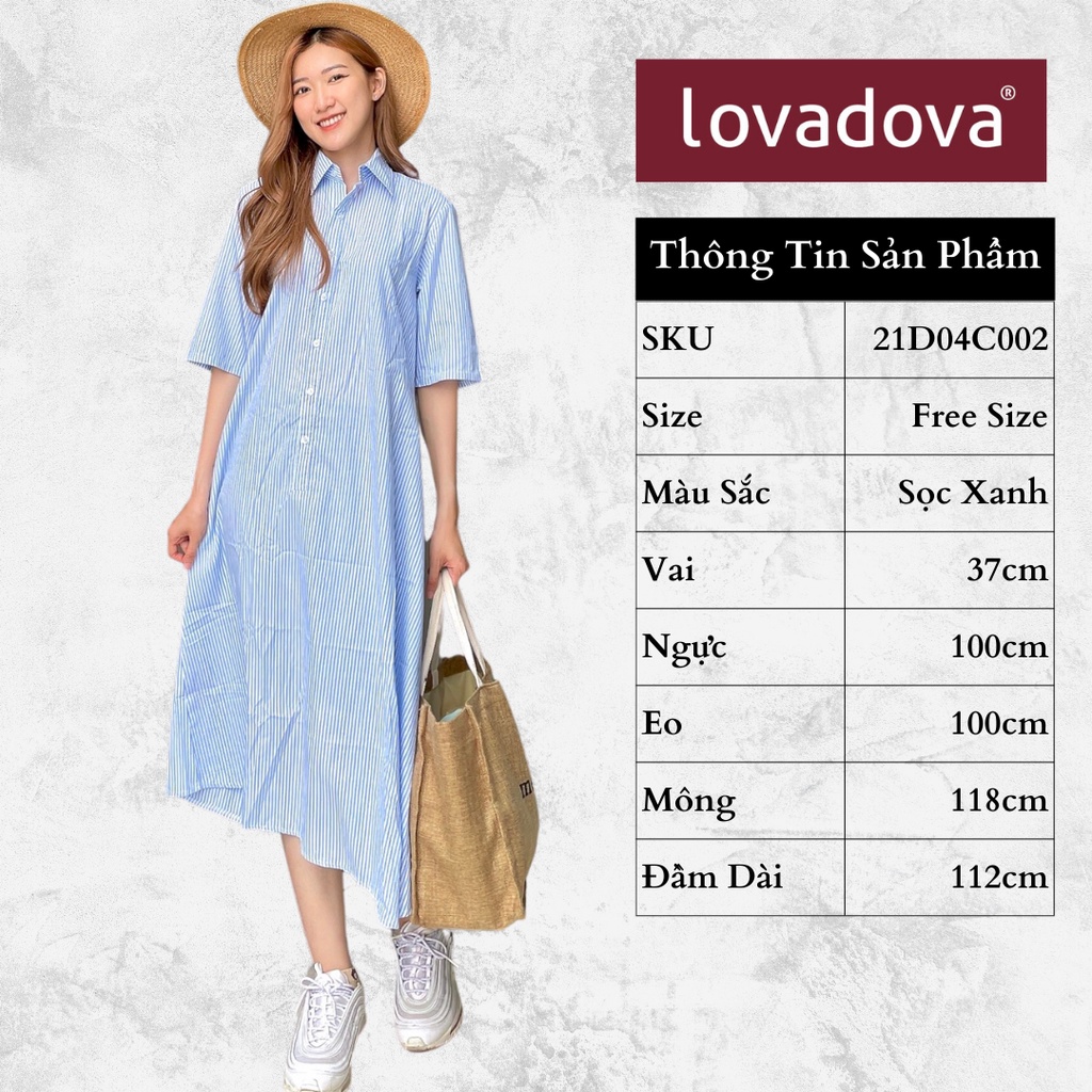 Đầm Dáng Suông, Dài Tay, Cách Điệu Áo Sơ Mi, Màu Sọc Xanh - Lovadova 21D04C002