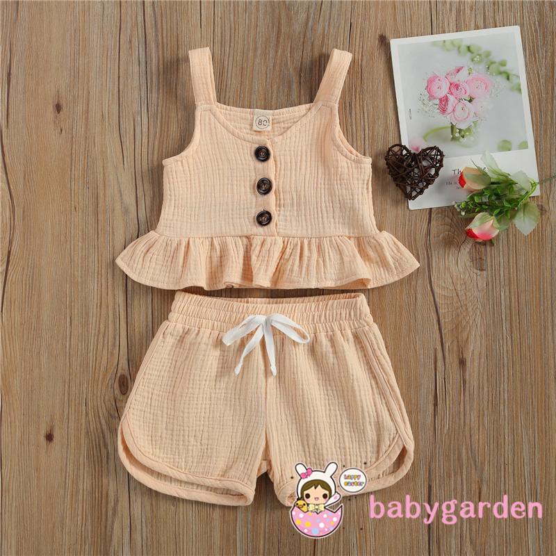 Bộ Áo Trễ Vai Màu Trơn + Quần Short Cho Bé Gái