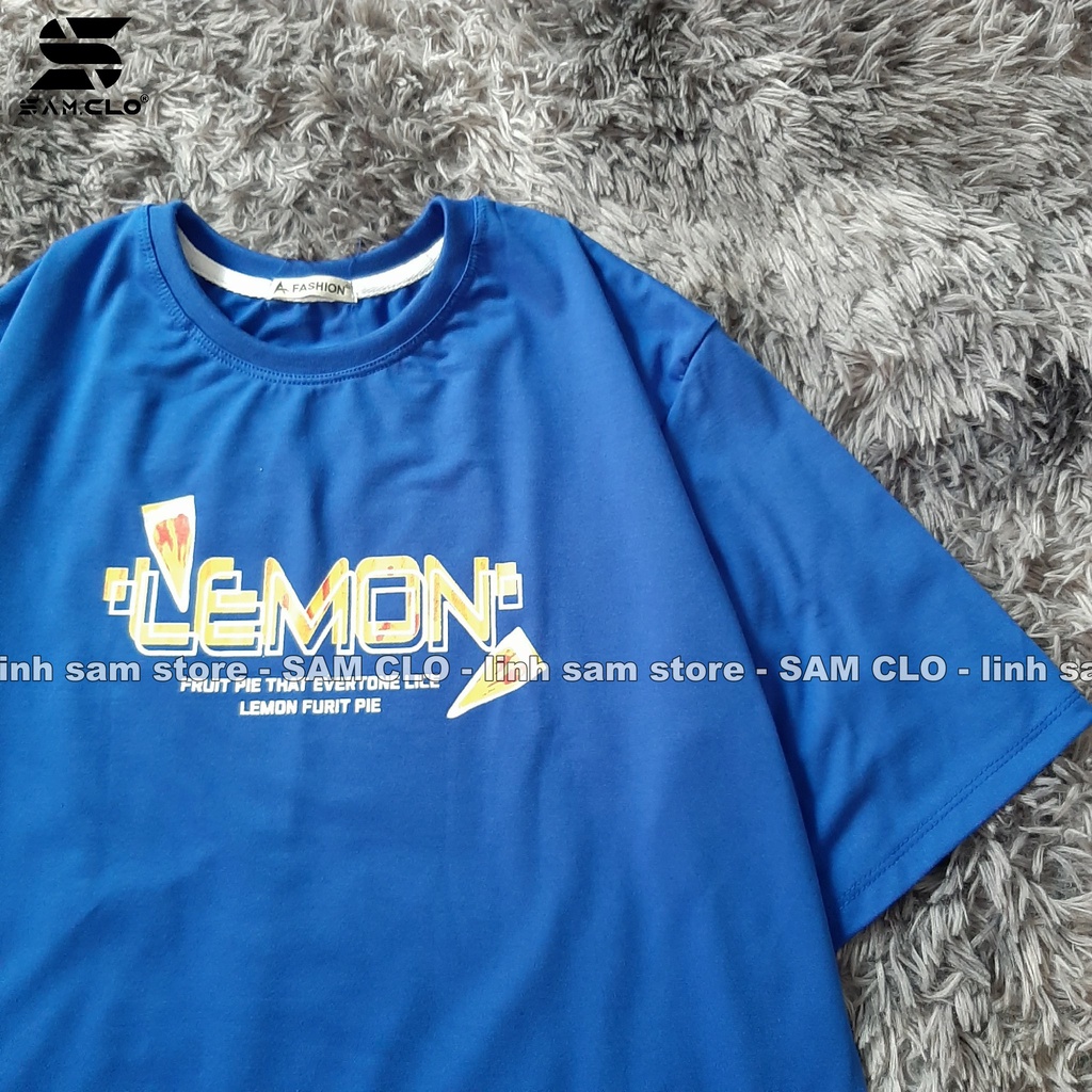 Áo phông tay lỡ nữ freesize thun form rộng Unisex, mặc cặp, nhóm, lớp in hình LÁT CHANH chữ LEMON màu xanh