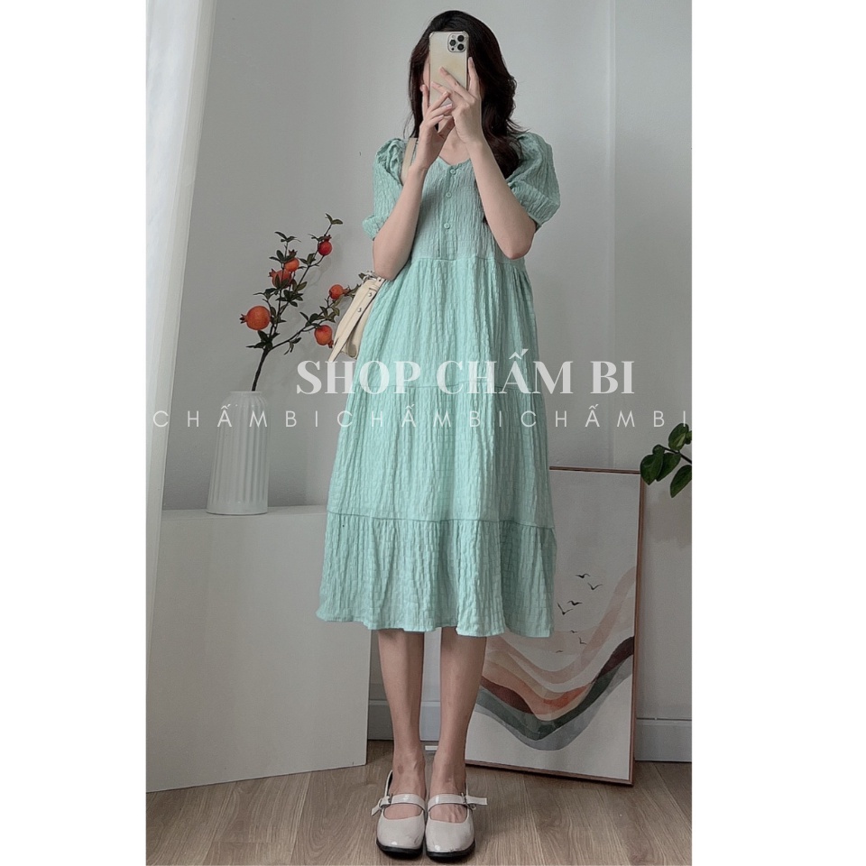 Váy kiểu tiểu thư V.118, Váy babydoll xòe tầng xốp nhăn cúc ngực tay bồng ngọt ngào - Thời trang nữ Chấm Bi