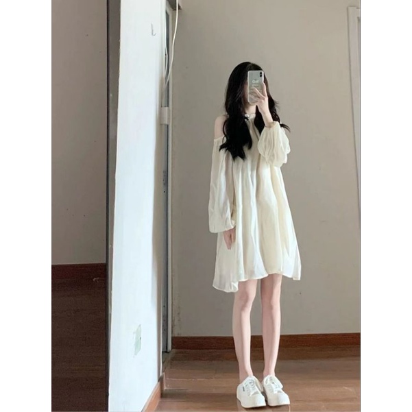 Váy xuông babydoll khoét vai bồng bềnh nữ tính hot ulzzang