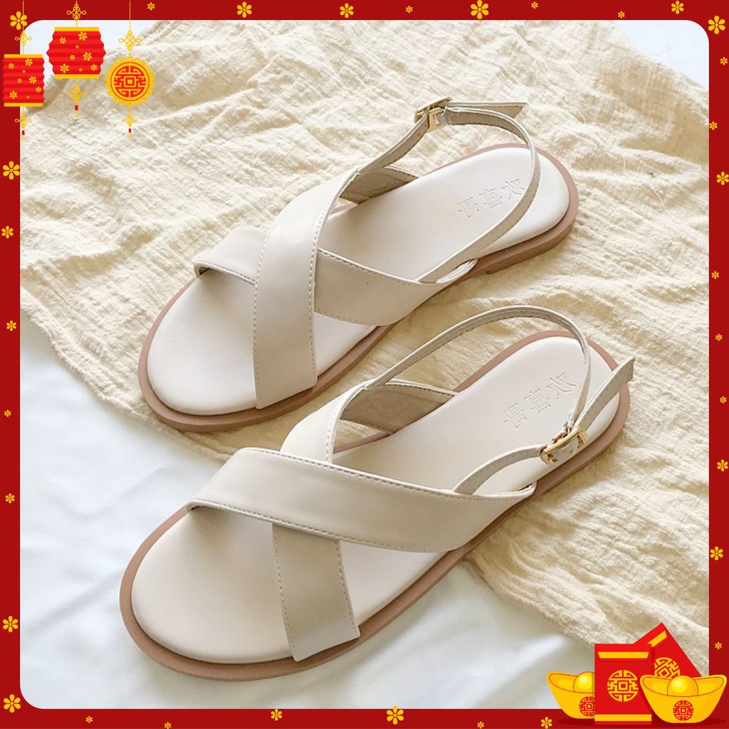 Giày sandal nữ mã BBS15 đế bằng phong cách học sinh có 2 màu kem và đen