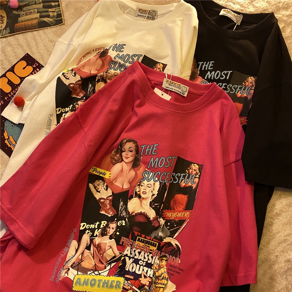 Áo Thun Tay Lỡ Cổ Tròn In Hình Áp Phích Monroe Cá Tính 190693Áo Thun Ngắn Tay Phong Cách Hiphop Thời Trang Hàn Quốc Cho Nam Nữ