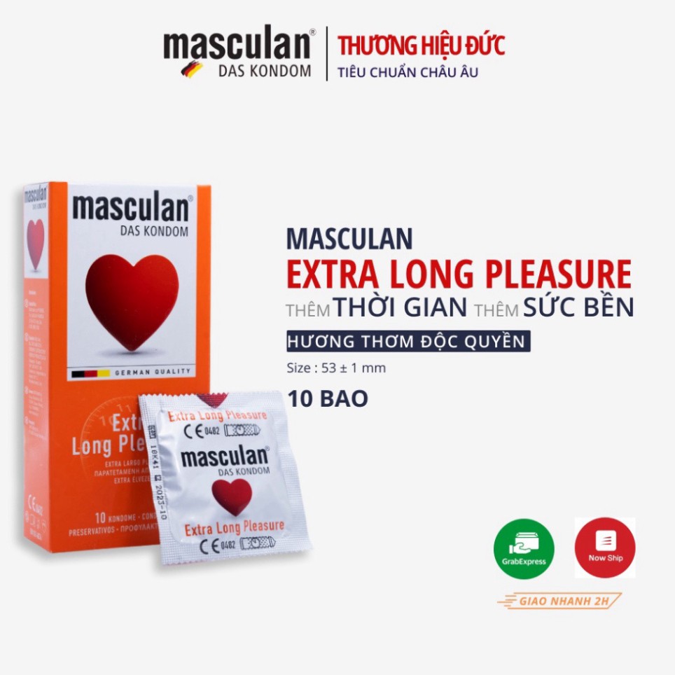 Hộp 10 Bao Cao Su Kéo Dài Thời Gian Masculan Extra Long Pleasure - Có Gân và Chấm Hạt Tăng Khoái Cảm