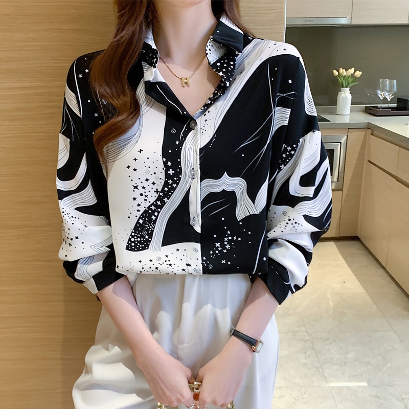 Áo Sơ Mi Đen Tay Dài In Họa Tiết Ngôi Sao Thời Trang Cho Nữ