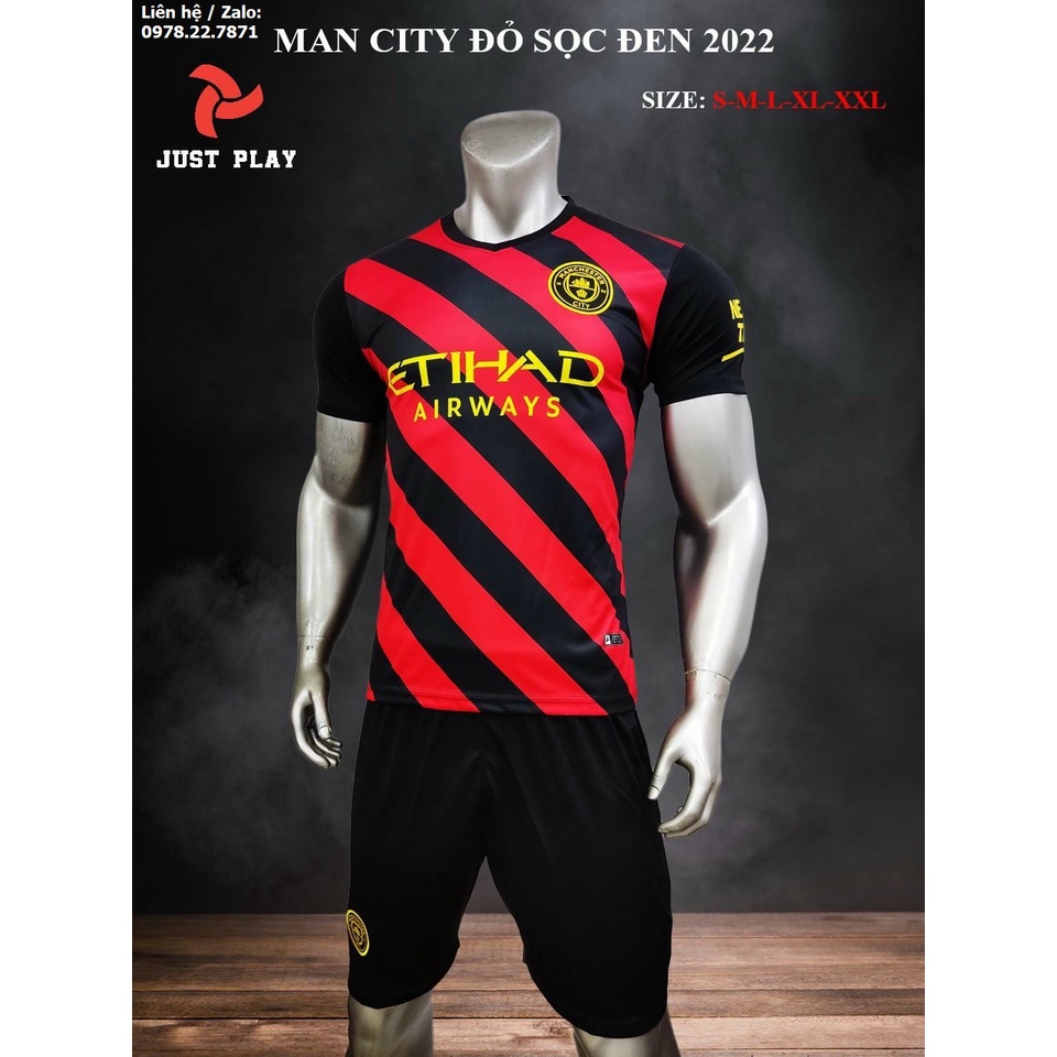 Bộ quần áo bóng đá, đồ đá banh Manchester City Sân Khách Đỏ Đen 2022-2023 Vải Thun Lạnh Cao Cấp