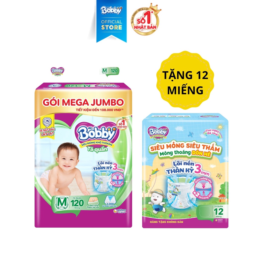 Tã quần Bobby lõi nén thần kì 3mm M120/L104/XL92/XXL84 - Tặng thêm 12 miếng mùa hè