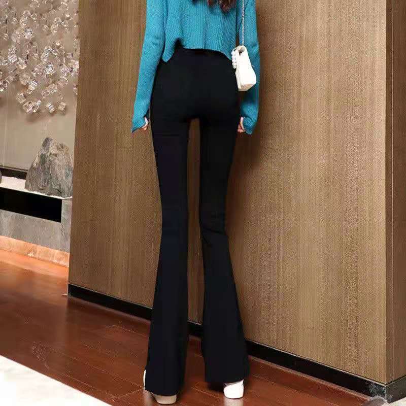 Jiashucheng Quần Tây Lưng Cao Co Giãn Ống Loe Xẻ Tà Màu Đen Thời Trang Thường Ngày Cho Nữ