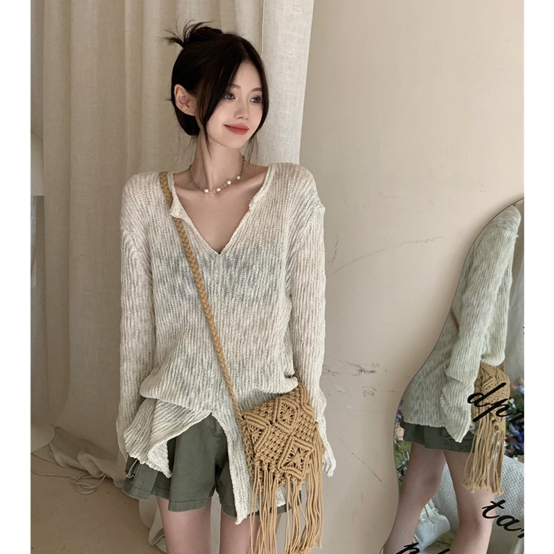 Áo Dệt Kim Chống Nắng Dáng Rộng Cổ Chữ V Xẻ Tà Gợi Cảm Hợp