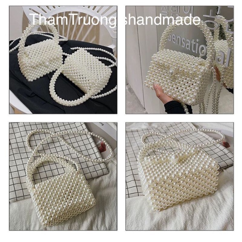 Túi xách tay hộp vuông kết hạt cườm giả ngọc trai handmade vintage