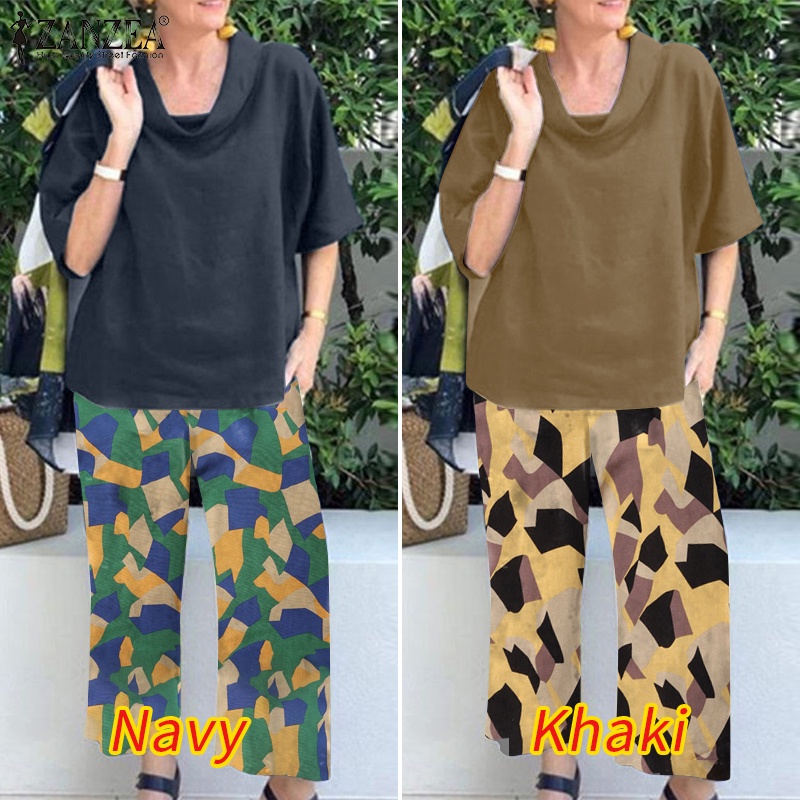 Zanzea Set Áo Cổ Lọ Tay Lỡ Họa Tiết Hình Học Kèm Quần Dài Lưng Thun Cao Thời Trang