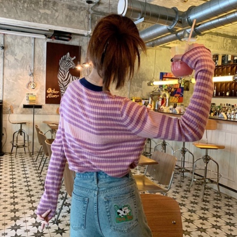 Áo len ZHELIHANGFEI thiết kế tay dài cổ tròn họa tiết kẻ sọc ngang thời trang dễ phối đồ cho nữ