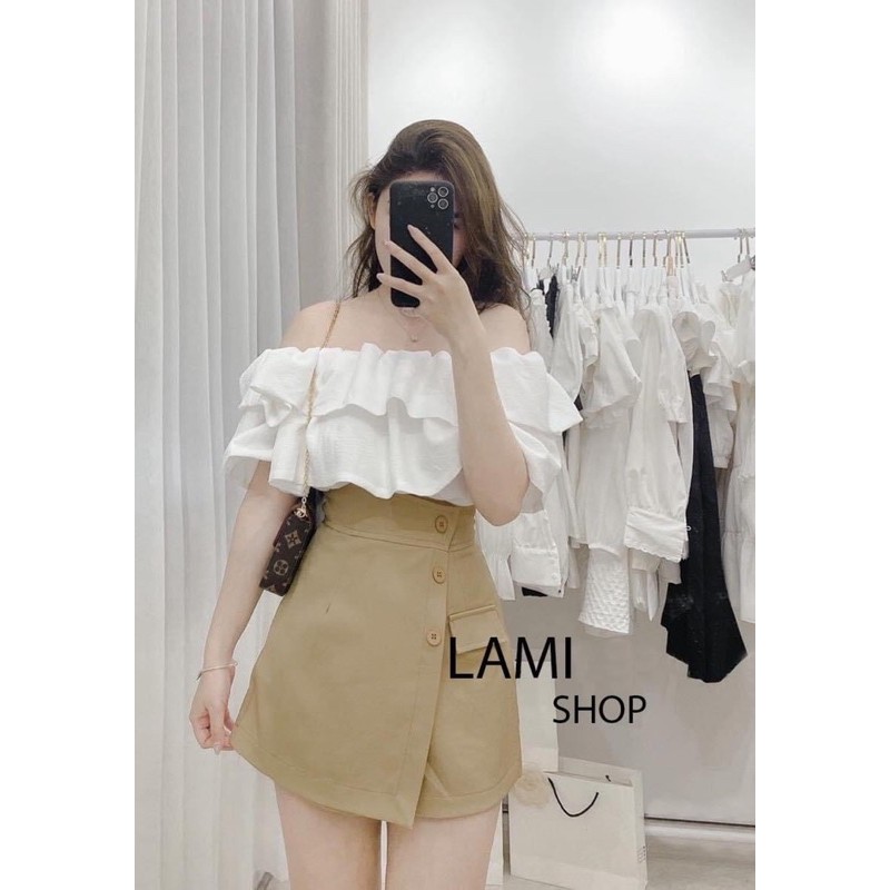 Set áo trễ vai chân váy thô vạt lệch