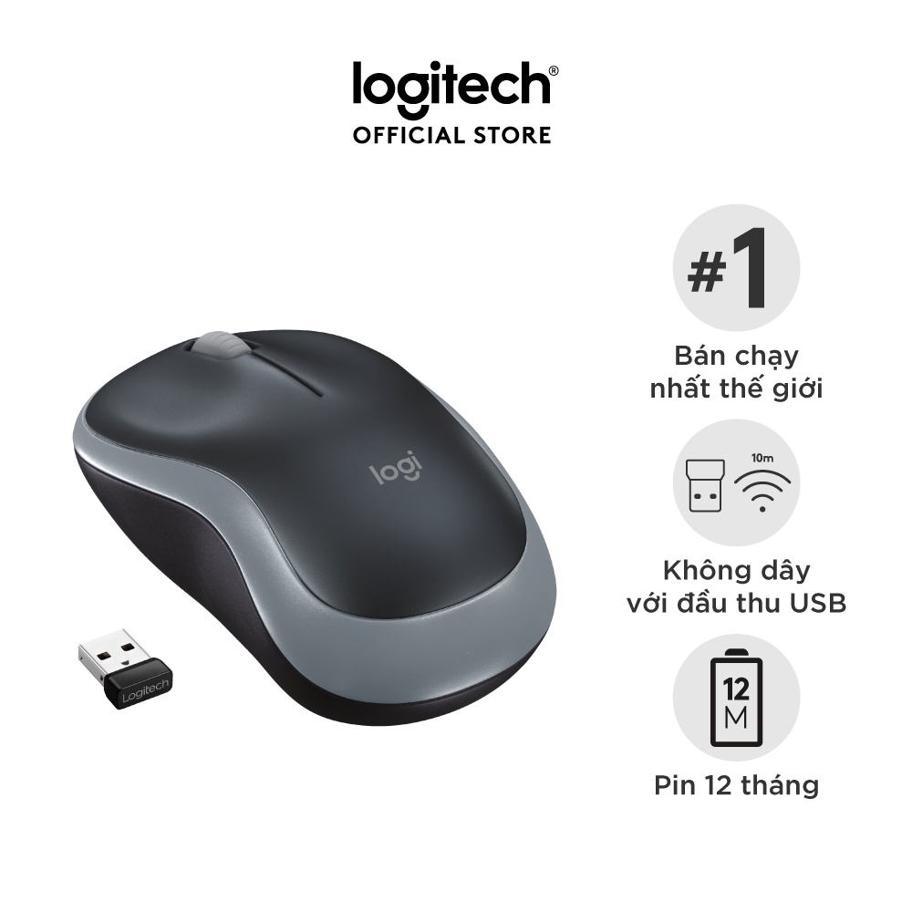 Chuột không dây Logitech M185 USB, nhỏ gọn, thuận cả 2 tay, phù hợp PC/Laptop