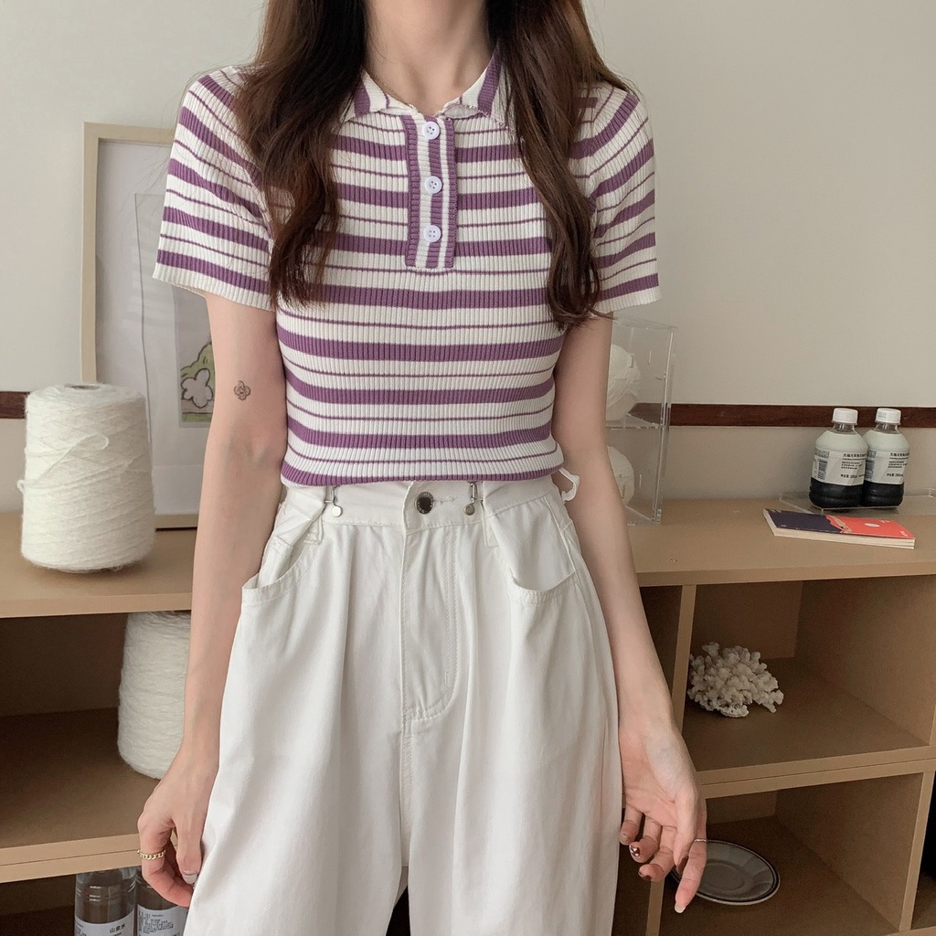 【ZHELIHANGFEI】 / Áo Sweater polo Ngắn Tay Vải Lụa Lạnh Mỏng Kẻ Sọc Có Cổ Thời Trang Mùa Hè Mới Cho Nữ