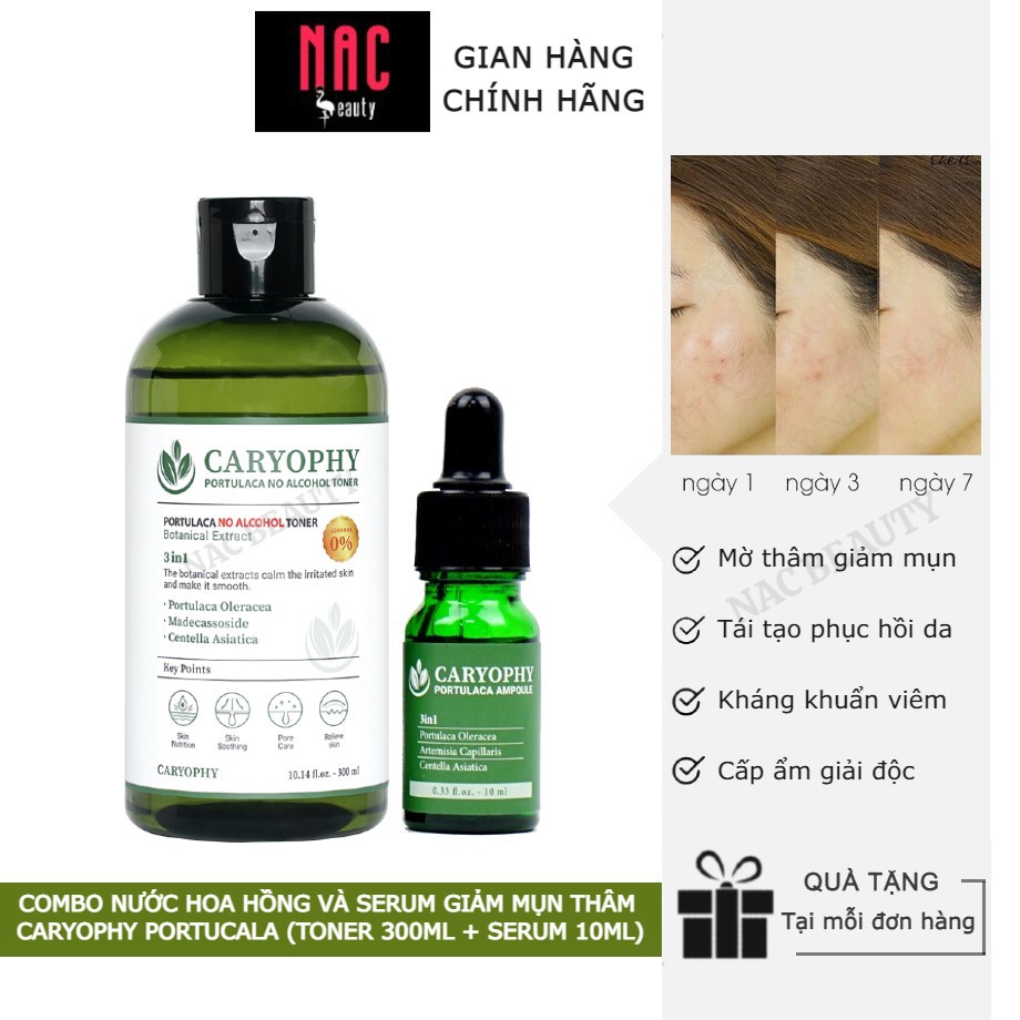 Combo Nước hoa hồng và Serum giảm mụn thâm Caryophy Portucala (Toner 300ml + Serum 10ml)