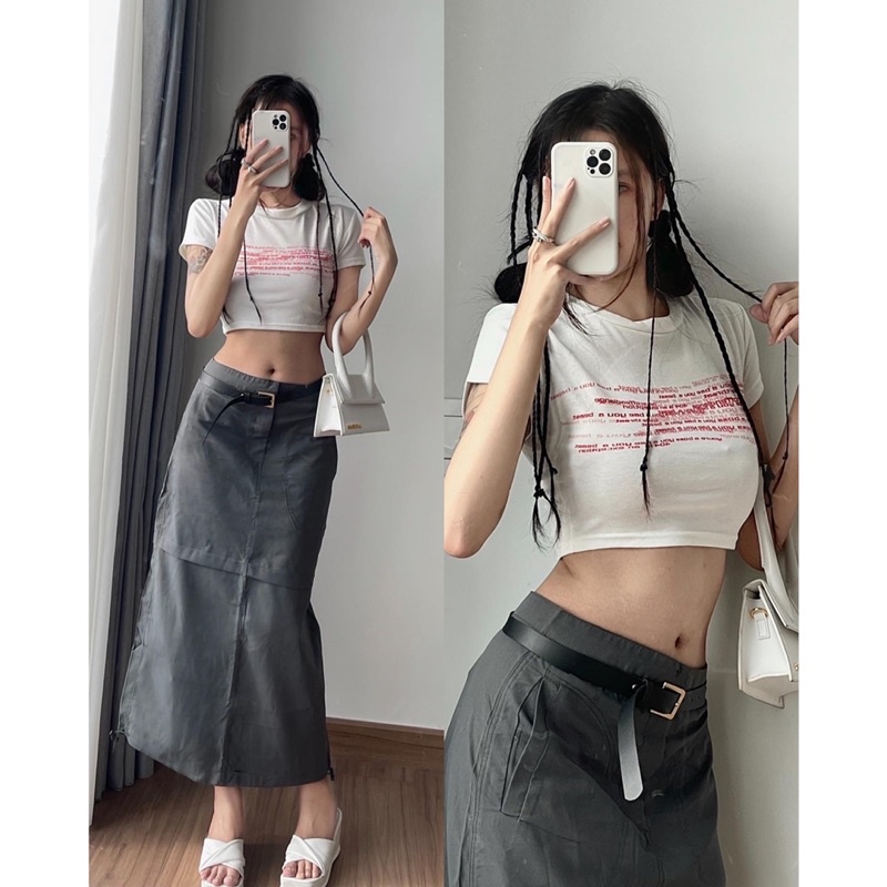 Chân váy xám dài y2k - Áo croptop ôm trắng