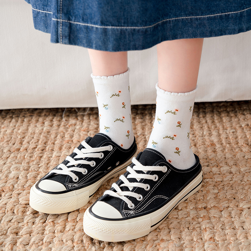 Tất cotton dệt kim ấm áp họa tiết bông hoa màu sắc ngọt ngào giản dị thời trang sinh viên Hàn Quốc