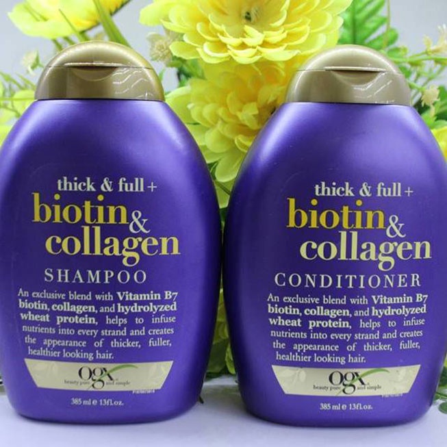 Dầu gội biotin, dầu xả biotin OGX Thick Full Biotin Collagen chai 385 ml từ Mỹ, bộ gội xả biotin ogx