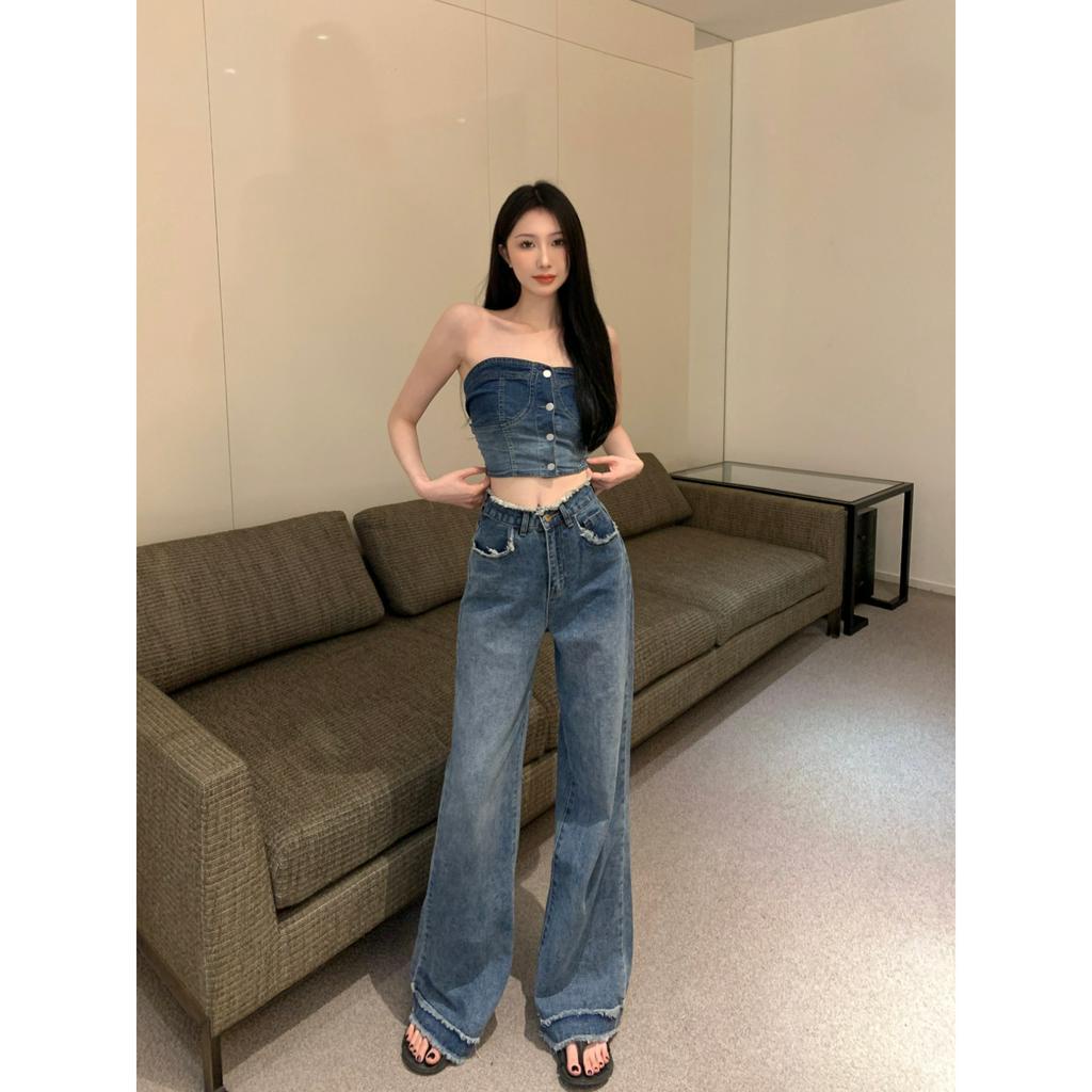 Cocory vn Bộ Áo Ngực Denim / Quần Jeans Tua Rua Thẳng Ống Rộng Lưng Cao Thời Trang Mùa Hè Quyến Rũ Cho Nữ