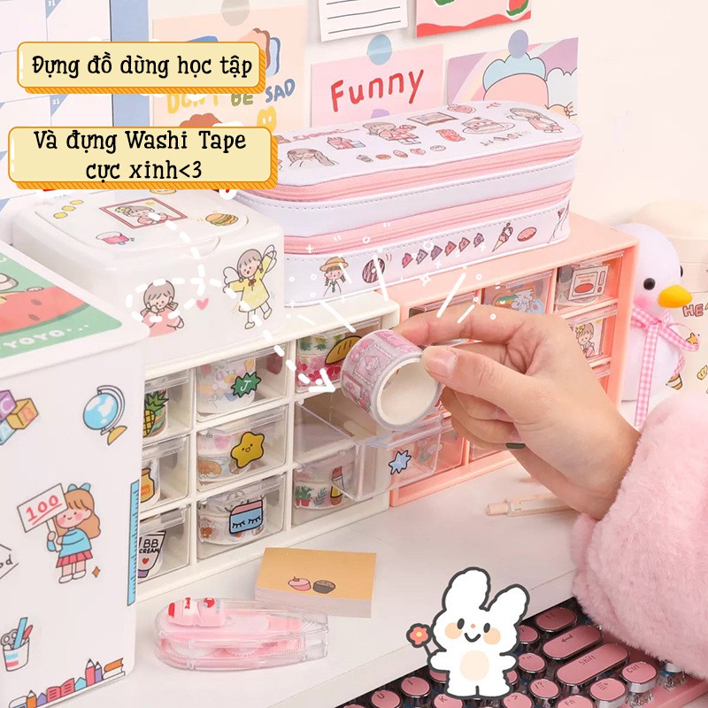 Tủ Nhựa Mini 9 Ngăn/ Hộp Nhựa Đựng Đồ Trang Điểm Để Bàn, Kệ Trang Trí Sticker Siêu Xinh - RosyPosy