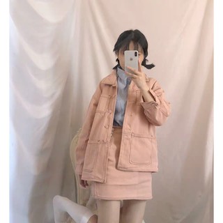 Set vest hồng áo khoác + chân váy kaki ulzzang -