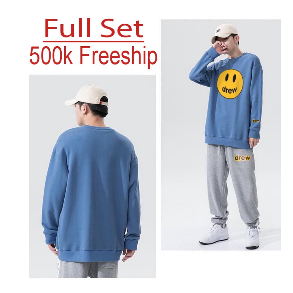 Set áo sweater nỉ bông quần gân drew ống bó basic, phong cách unisex dễ mặc dễ mix big size