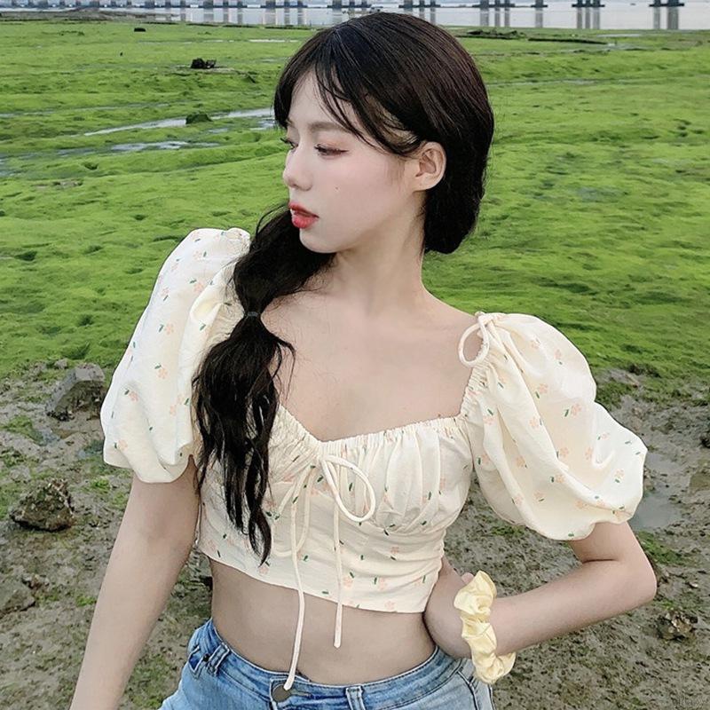 Áo Croptop Tay Ngắn Cổ Chữ V Họa Tiết Hoa Duyên Dáng Cho Nữ