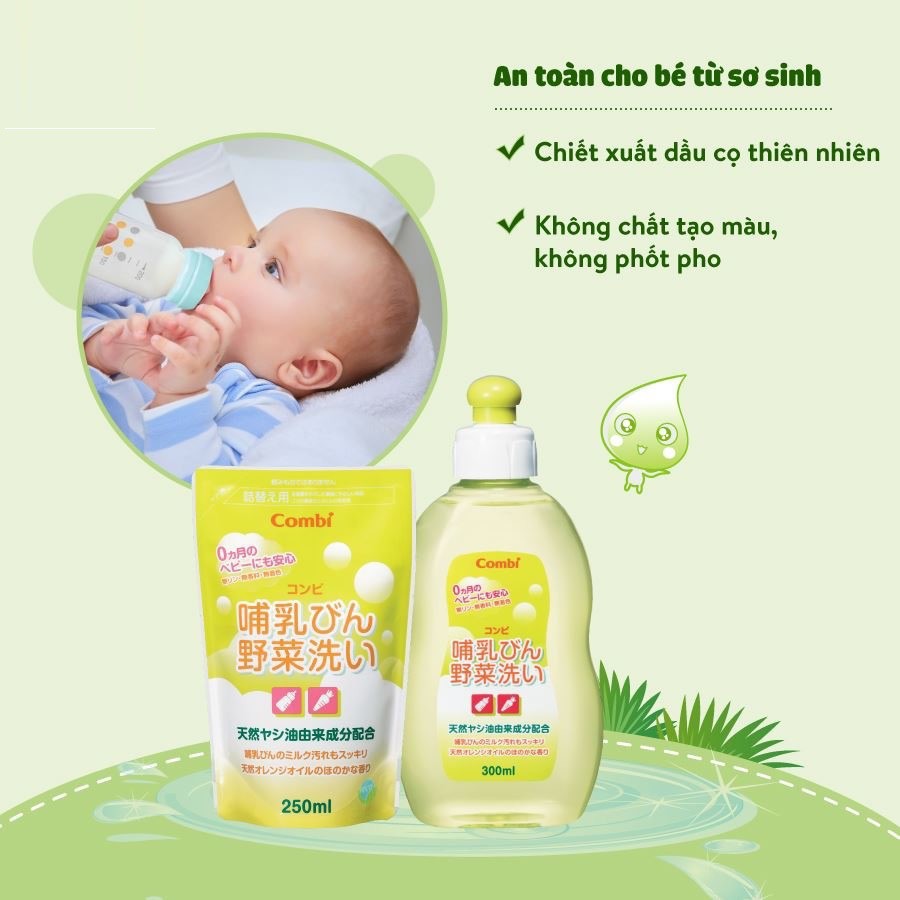 Nước rửa bình sữa cho bé COMBI chai 300ml, dung dịch rửa bình hữu cơ Nhật Bản - Monnie Kids