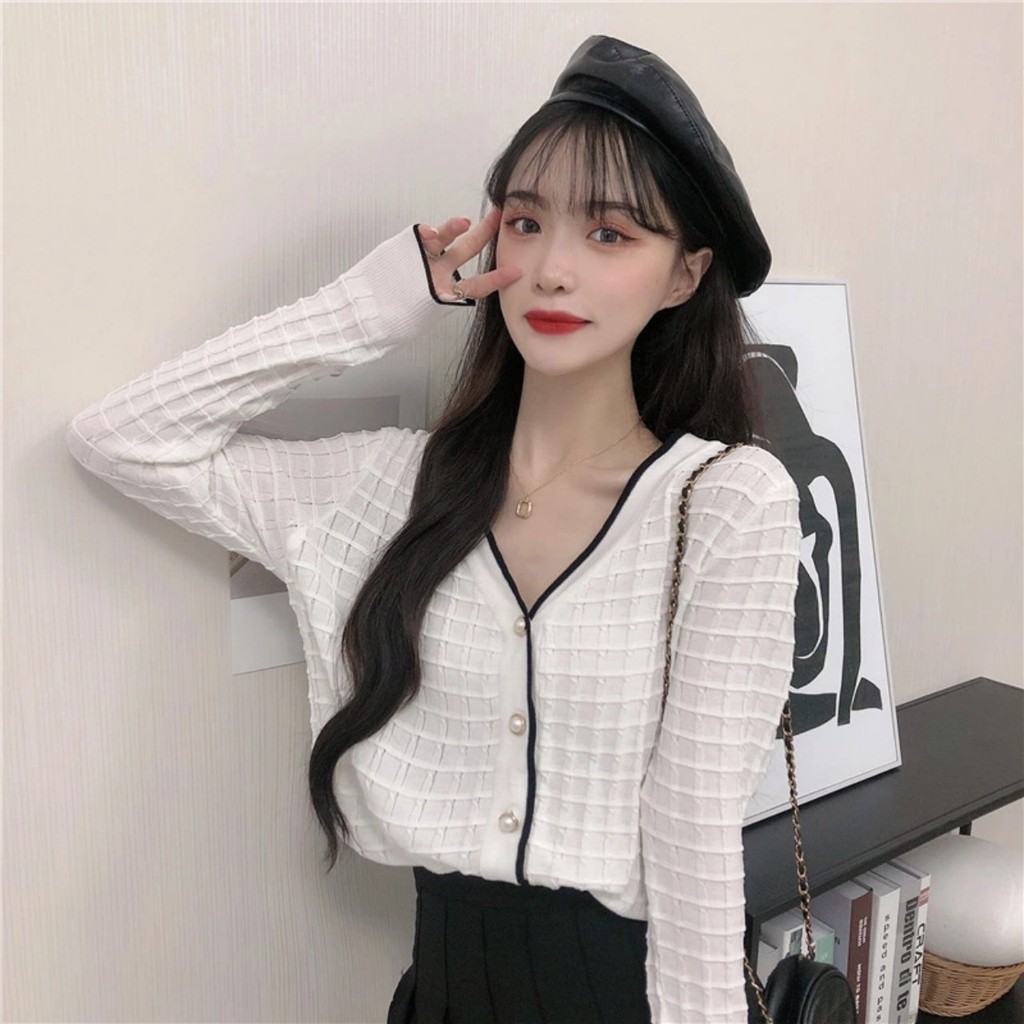 CHIKITO | Áo Len Cardigan Tay Dài Cổ V - Áo Kiểu Khoác Croptop Quảng Châu 2 Màu Trắng - Đen Kiểu Dáng Ulzzang