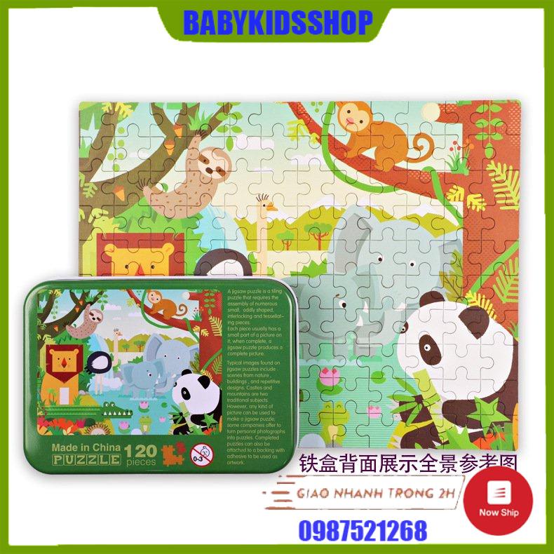 Tranh ghép gỗ 120 mảnh/miếng hộp sắt, gỗ puzzle dành cho bé từ 4-8 tuổi