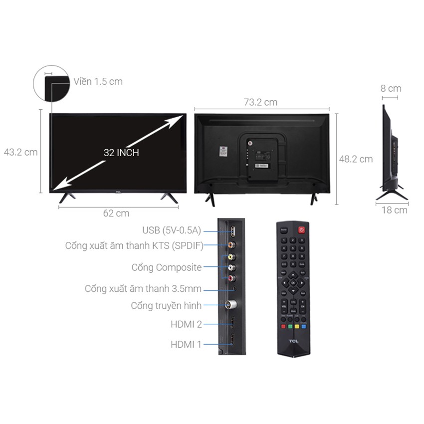 Tivi Led TCL 32 inch HD - Model L32D3000 (Đen) Tích Hợp Đầu Thu DVB-T2, Bảo Hành 3 Năm Toàn Quốc