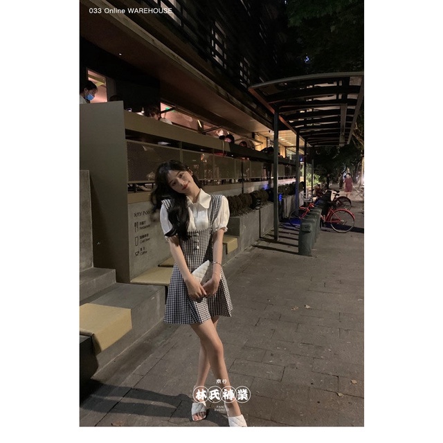 Set Đầm Ngắn Sọc Ca Rô + Áo Sơ Mi Trắng Phong Cách Pháp Thời Trang Mùa Hè Mới Cho Nữ | BigBuy360 - bigbuy360.vn
