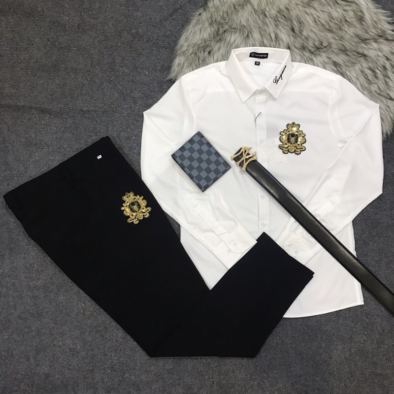 Bộ quần tây áo sơ mi nam phối logo fom hàn quốc,chất vải mềm mát dầy dặn,đổi trả hanh chóng.