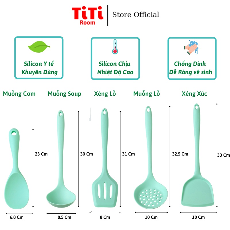 Dụng cụ thìa nấu ăn nhà bếp silicon 5 món chịu nhiệt chống dính cao cấp Kitchen, Đồ dùng nấu ăn nhà bếp cao cấp TiTiRoom