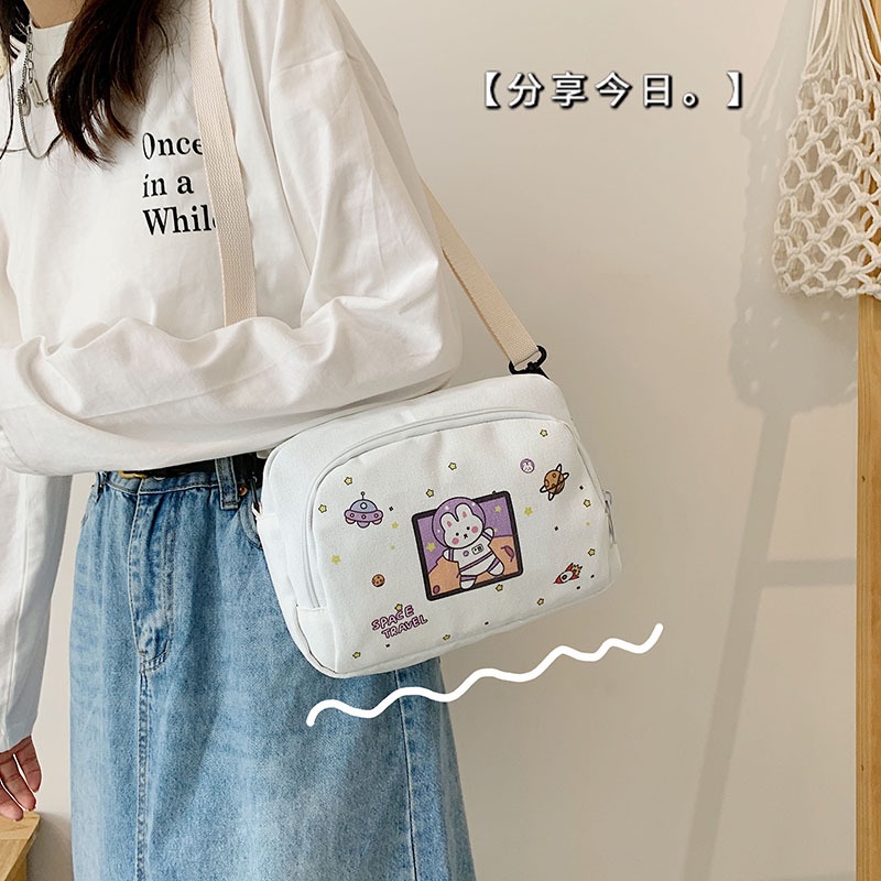 Túi đeo chéo canvas dáng vuông in họa tiết dễ thương thời trang cho nữ