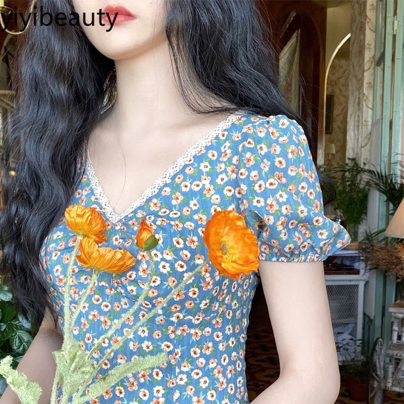 Đầm maxi tay phồng cổ chữ V in họa tiết hoa phong cách mùa hè 2020 thanh lịch