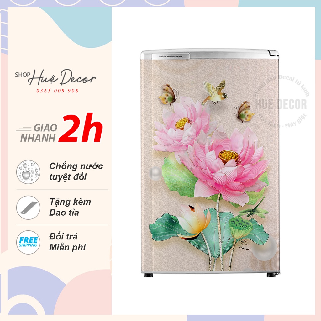 Decal dán tủ lạnh mini hoa sen hồng