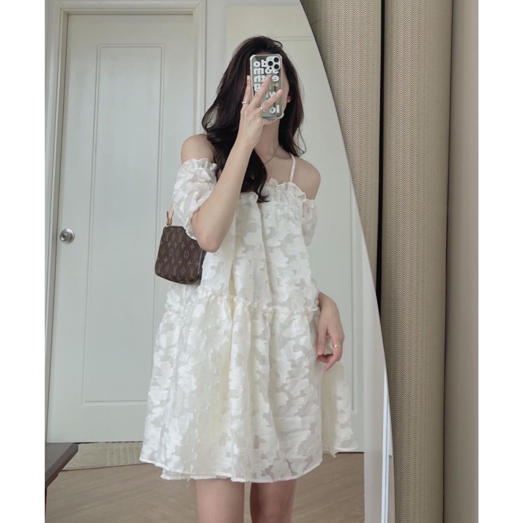 Váy babydoll trễ vai hoa nổi xòe rộng chữ A form đẹp mùa hè 2022 Kozoda D59
