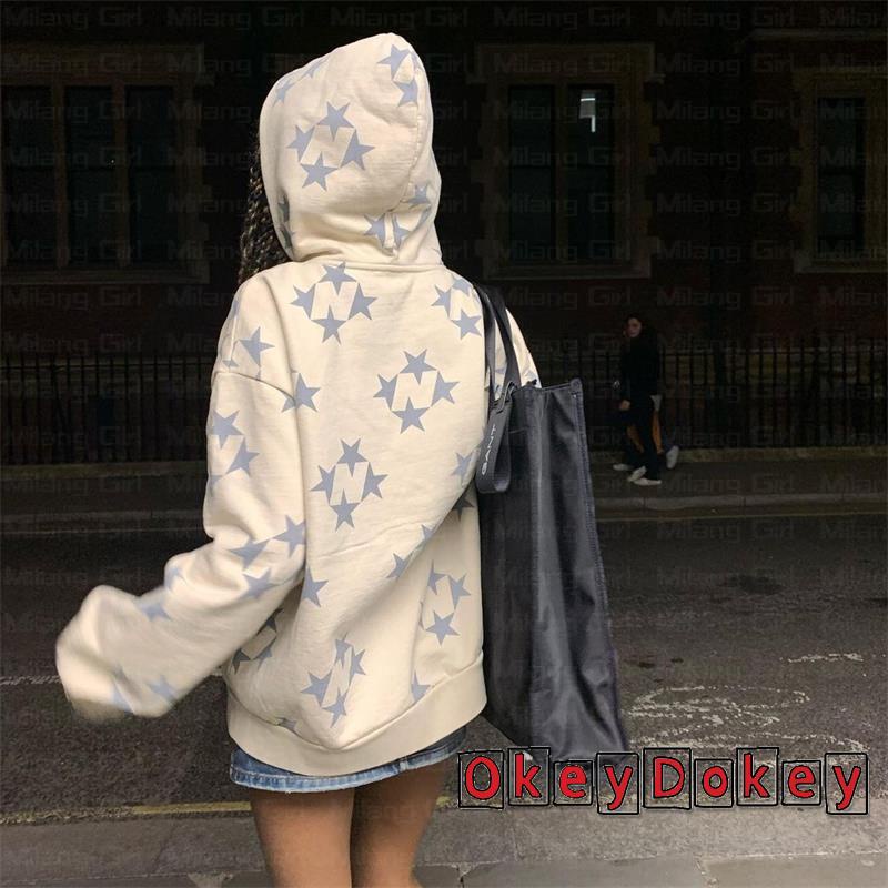 Áo Khoác Dài Tay Có Khóa Kéo In Họa Tiết Ngôi Sao Phong Cách Đường Phố Vintage