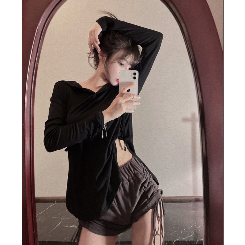 Bộ Áo Hoodie + Quần Short Lưng Cao Phối Dây Rút Thời Trang Mùa Hè Hàn Quốc Cho Nữ 2021