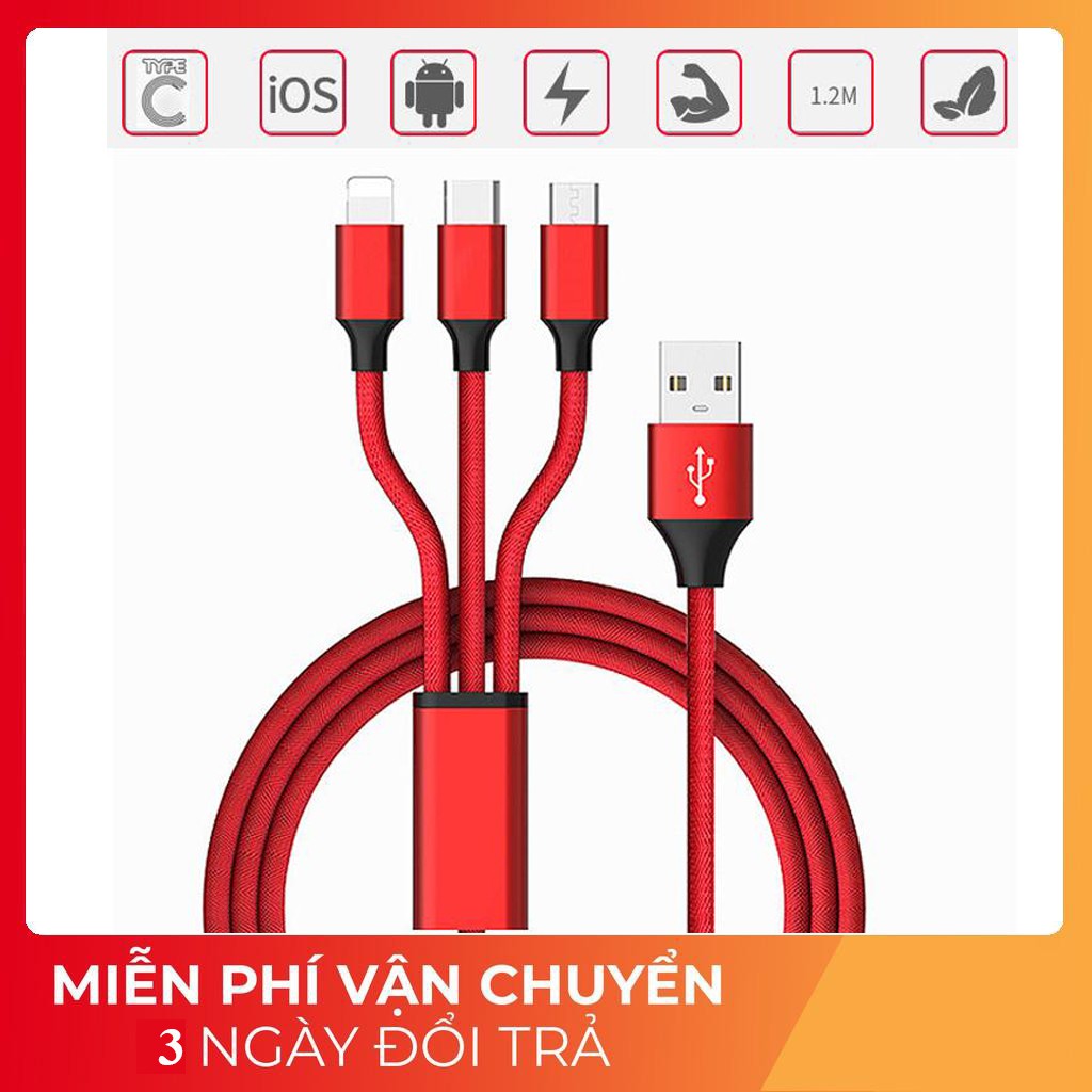 SẠC 3 ĐẦU DÂY DÙ HỖ TRỢ SẠC NHANH ( CHÂN TYPE C, ip, micro USB)