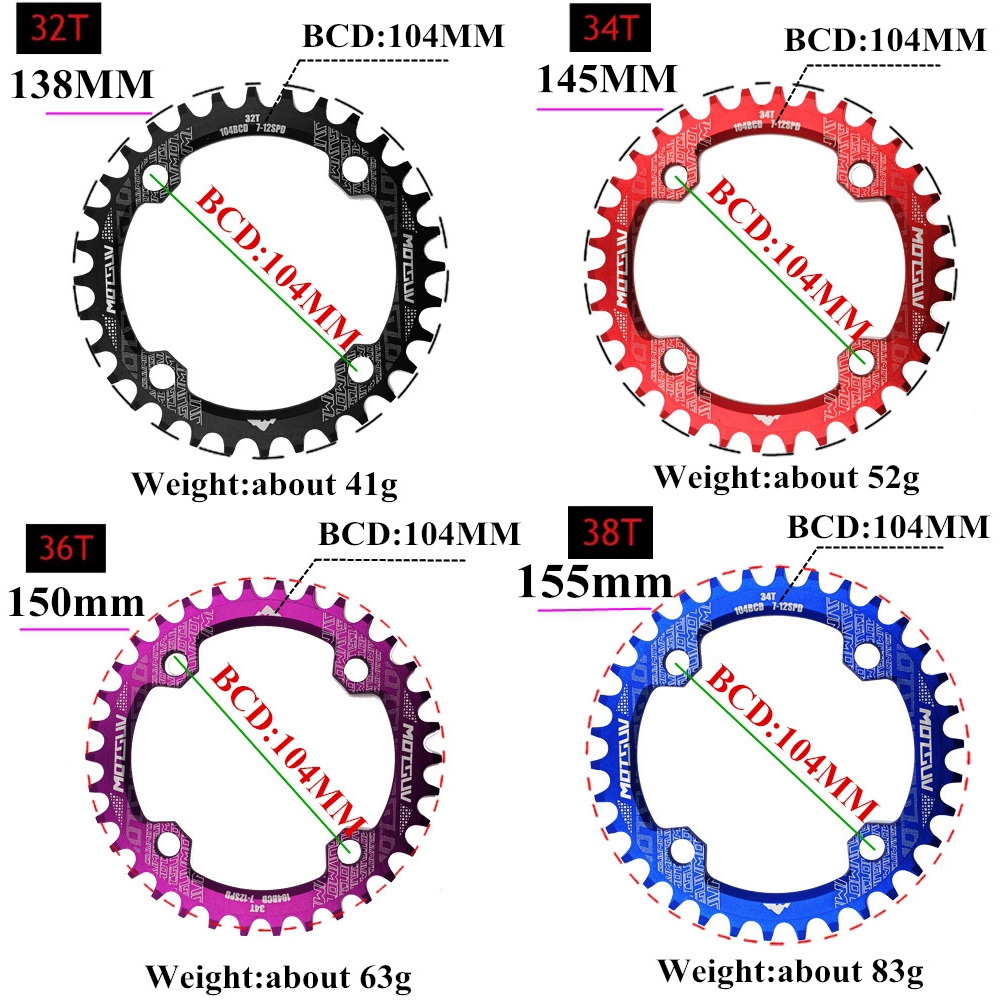 LETTER🌟 Single Plate 6 Colors Narrow Wide Round/Oval Shape 32T/34T/36T/38T 104BCD Bicycle Crank
